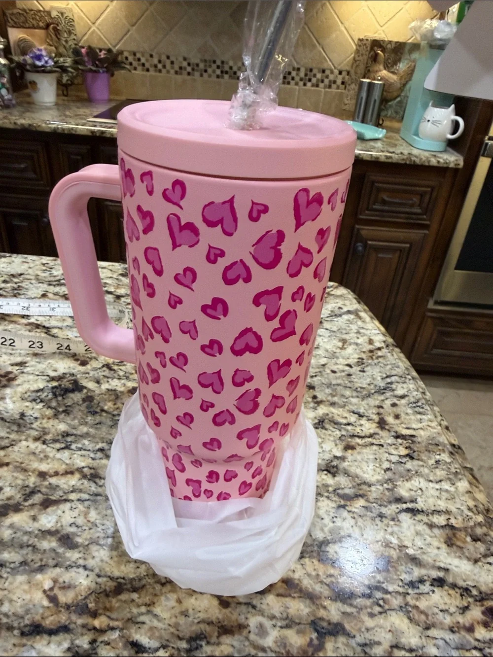 MEOKY Pink Heart Pattern 40 oz Travel Mug with Handle and straw